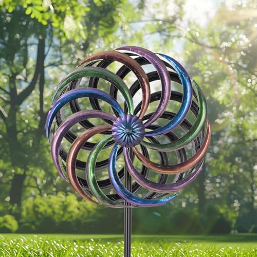 Image of DREAMYSOUL Wind Spinner Outdoor, 13 Inches Dia Rainbow Metal Kinetic Wind Spinners, Dual Wind Spinners for Yard Garden Outside Patio Lawn Decor