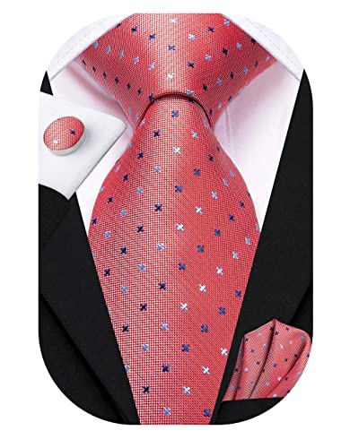 Image of Hi-Tie Mens Plaid Ties Classic Paisley Necktie with Handkerchief Cufflinks Set Business Stripe Tie
