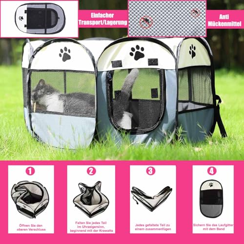 Exquilnova Tragbarer Welpenauslauf, Hundelaufstall Faltbar Laufstall Katzengehege für Wohnung, Welpenlaufstall für Drinnen Wasserdichtes Oxford-Tuch für Hunde Katzen Kaninchen, 74 x 74 x 43 cm (Grau)