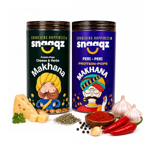 Image of SNAAQZ Roasted Makhana Combo - Cheese & Herbs + Peri Peri | Crunchy Vegan Lotus Seeds | High Protein | Gluten-Free | Baked Snack | Indian Spicy Munchies | Healthy Tea-Time Snack | Tiffin & Travel Friendly