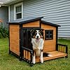 GARWOOD Large Outdoor Indoor Wooden Dog House for Small Large Dog Kennel Wood Sturdy Pet Puppy Warm Home with Durable Weatherproof Asphalt Roof Insulated Elevated Floor Outside Shelter Brown 39x37x30“