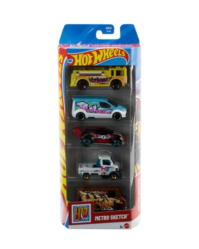 Image of Hot Wheels Car 2026 Metro Sketch Pack of 5 (Fire Eater Ford Transit Connect, HW Fast 4WD, Combat Medic, Mighty K) Multi - Color