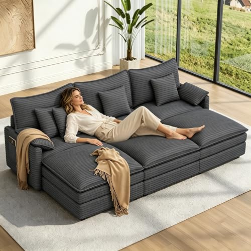 Image of Vesgantti 108 inch Cloud Couch for Living Room, t6 Seats Deep Seat Sectional Modular Sleeper Sofa, Double Cushion Corduroy Sofa Bed Couches Easy Rearrange for Living Room, Apartment, Office, Dark Grey