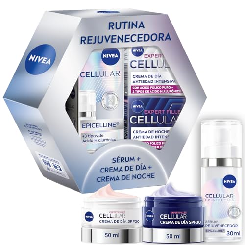 NIVEA Pack Cellular Epigenetics Cuidado facial Antiedad - Serum Facial Rejuvenecedor con Epicelline 30ml + Crema de Día FP30 + Crema de Noche - Revierte la Edad de la Piel