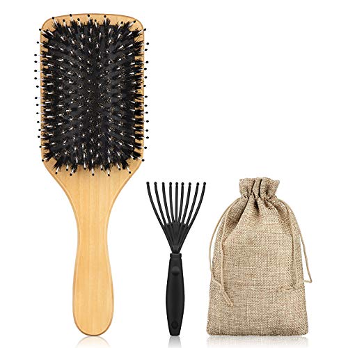 Boar Bristle Hair Brush Set for Long, Short, Thick, Curly, Thin Hair, Paddle Brush for Women and Men, Natural Wooden Soft Boar Hair Brushes for Kids with Box