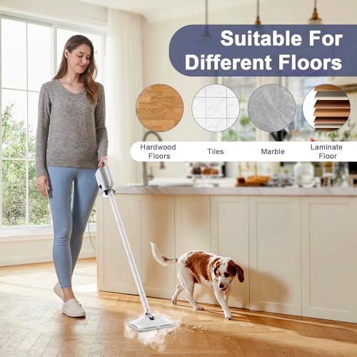 Image of Steam Cleaner, 6 in1 Rotated Steam Mop Cleaner with 2 Modes, 2 Microfiber Pads, 400ML Removable Tank, 23FT Power Cable, Detachable Steam Mops for Floor, Laminate Floor, Tiles Cleaning (Stone White)