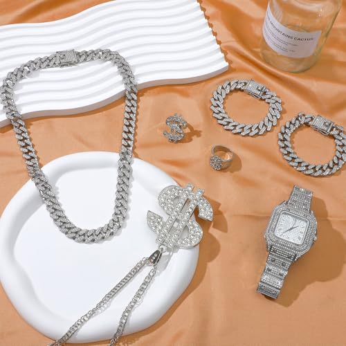 NEWITIN 7 Pieces Silver Jewelry Set for Men Diamond Watch Necklace Bracelets Stainless Steel Cubic Zirconia Cuban Jewels Bling Dollar Necklace Rings Hip Hop Jewelry Set for Men Women3