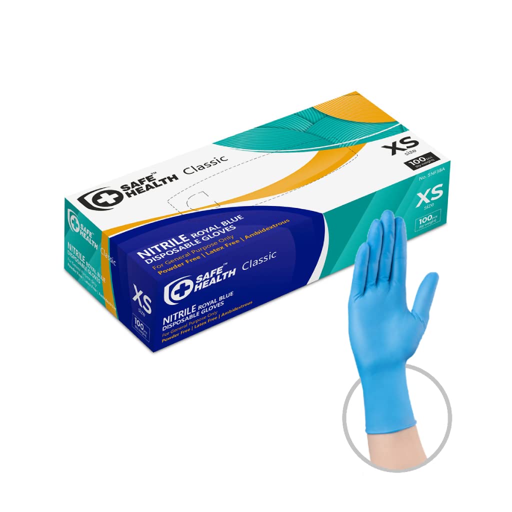 SAFE HEALTH Nitrile Blue Industrial Disposable Gloves-Xsmall | 3.5 Mil Box of 100 | Powder Free-Latex Free | Food-Laboratory-Janitorial-Painting-Finishing-Law Enforcement-Pet Care-Daily