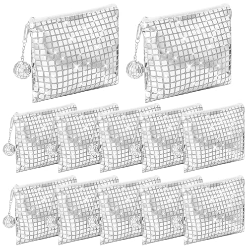 12 Pack Disco Cosmetic Bags Portable Glitter Sequin Mirror Makeup Organizer with Zipper, Suit for Bachelorette, New Years Eve, 70s, 80s, 90s Disco Party Favors (Silver)