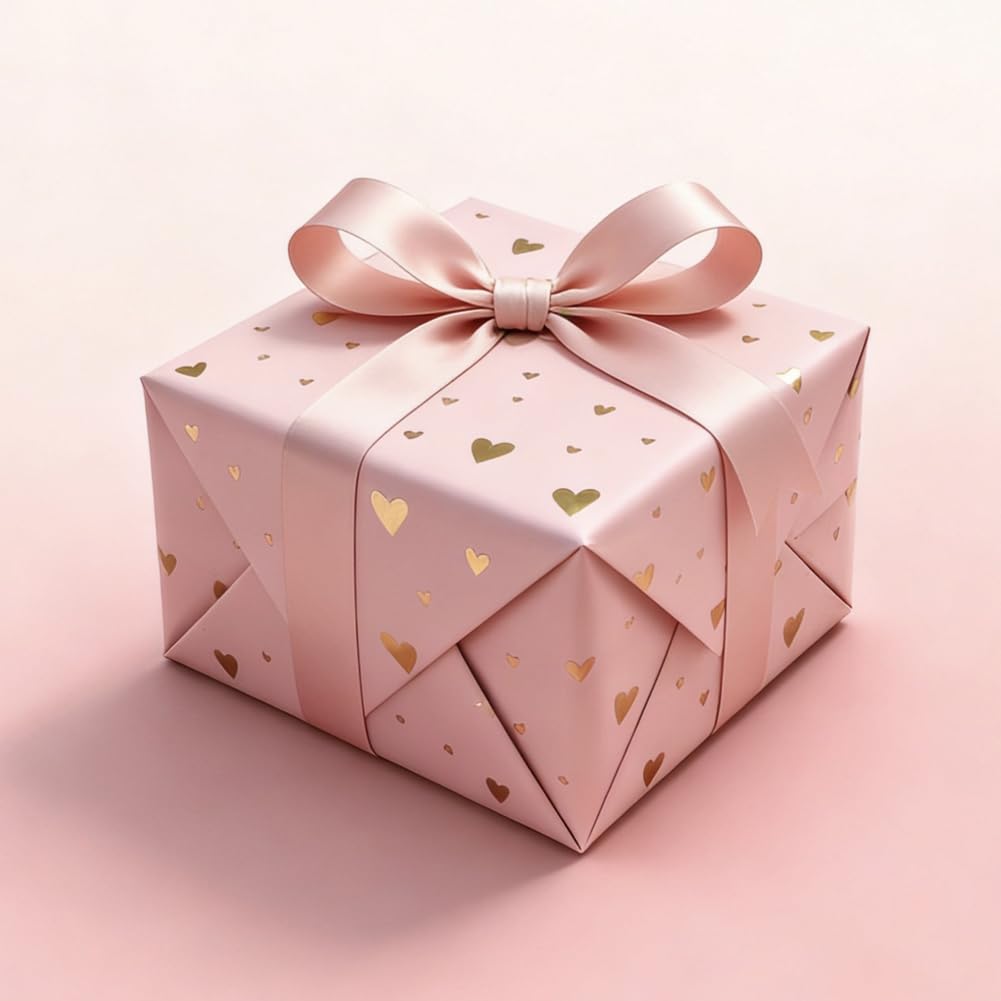 Hearts Wrapping Paper Roll, 1 Roll 43x300cm Foil Golden Hearts Pink Wrapping Paper, for Birthday, Valentine's Day, Christmas Presents, Wedding Favors