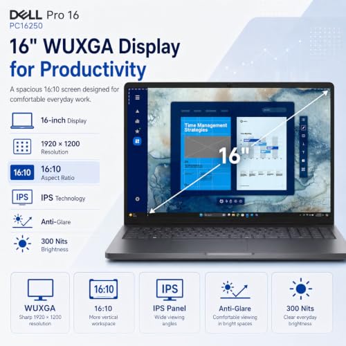 Image of Dell Pro 16 PC16250 Business Laptop, Intel Core 5 120U, 16 inch WUXGA IPS Anti-Glare Display, 16GB DDR5 RAM, 512GB PCIe NVMe SSD, Backlit Keyboard, Thunderbolt 4, RJ-45, Windows 11 Pro