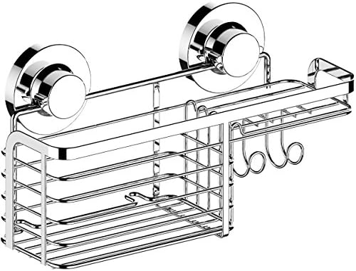 HOME SO Shower Basket Caddy with Suction Cup Holder - Bathroom Tray Hanger for Soap Bars, Sponges, Shampoo, Loofah - Stainless Steel, Chrome