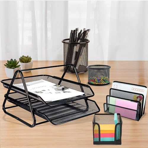 Image of The Better Home Office Desk Accessories Set of 5 Pen Holder, 2 Tiered Shelf File Freestanding Rack, Books Diaries, Paper Clips, Business Card Holder | Office Table Accessories Metal Mesh Design