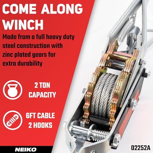 Image of NEIKO 02252A Come Along Winch, 2-Ton (4000 Lbs) Pulling Capacity, 7.2 Ft, 2 Hook, Heavy Duty Power Cable Come Along Tool with Dual Gears, Hand Winch Cable, Automotive Hoist Winch Puller, Recovery Gear