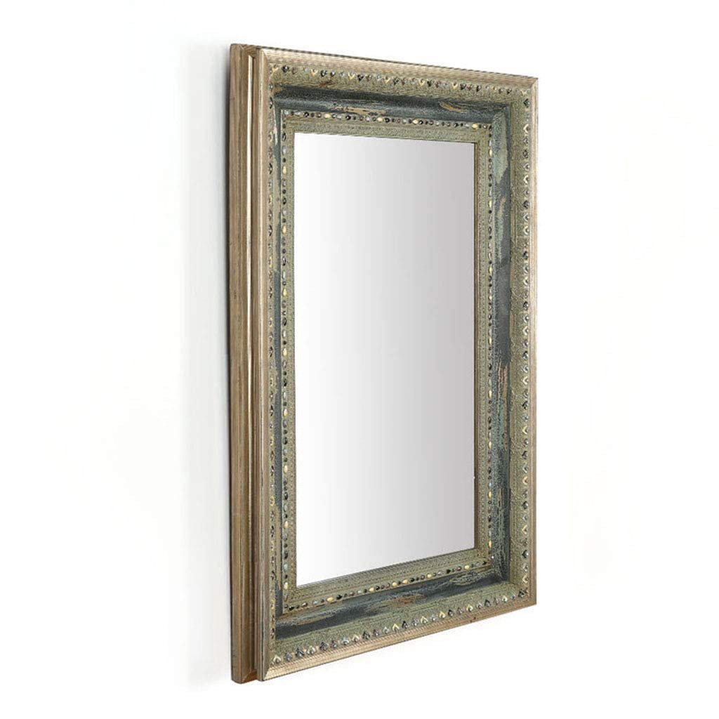 NOALED Espejo de Maquillaje de Madera Maciza de Moda Retro, Borde de patrón Decorativo para Colgar en la Pared Tachonado a Mano para Porche, Sala de Estar, Espejo de baño