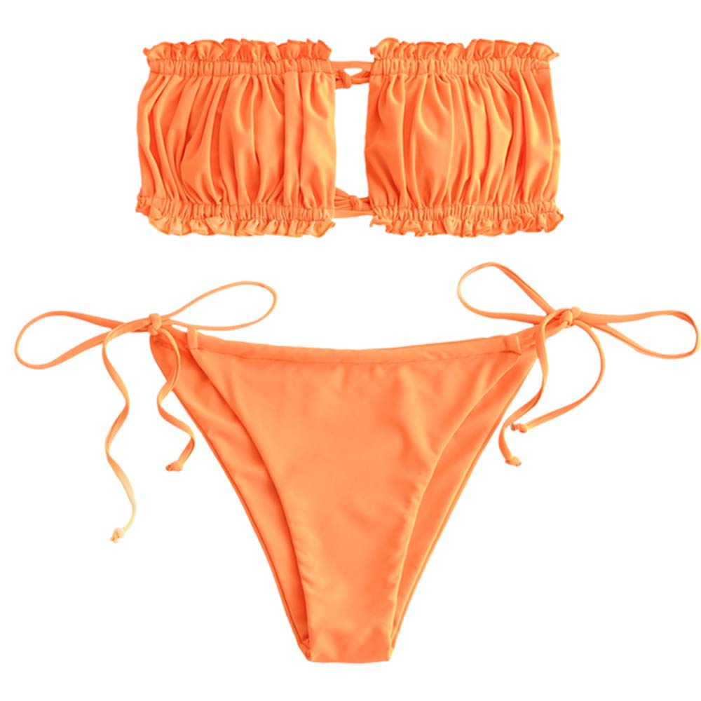 ZAFULWomen's Strapless Bikini Ribbed Tie Back Ruffle Cutout Bandeau Bikini Set Swimsuit