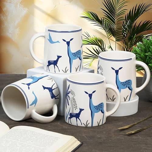 Image of CRAF10 Blue Stag Ceramic Coffee /Tea Mugs - Set of 4, 330 ML Each, Elegant & Durable, Microwave & Dishwasher Safe