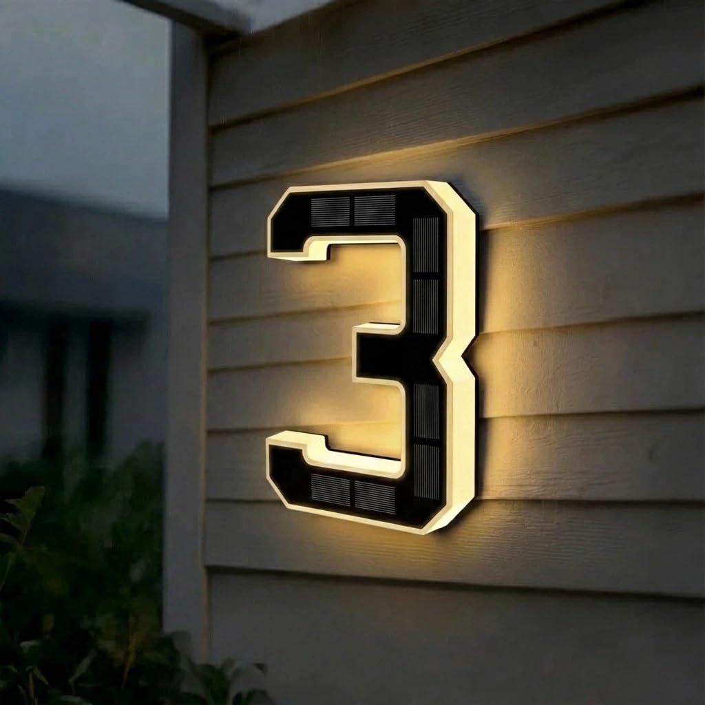 Solar House Numbers for Outside, 4.7"/6.7"/9" LED Lighted Address Sign for House, IP65 Waterproof Illuminated Modern Numbers, Dusk to Dawn Auto-Glow for Home Mailbox Yard(3-Black,6.7")