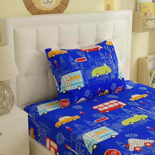 Image of Filymore Kids Single Bedsheet Super Car Theme for Single Size Bed 240 TC Microfiber Soft Cartoon Bedcover for Kids Room 90x60 Inches Red Blue and White