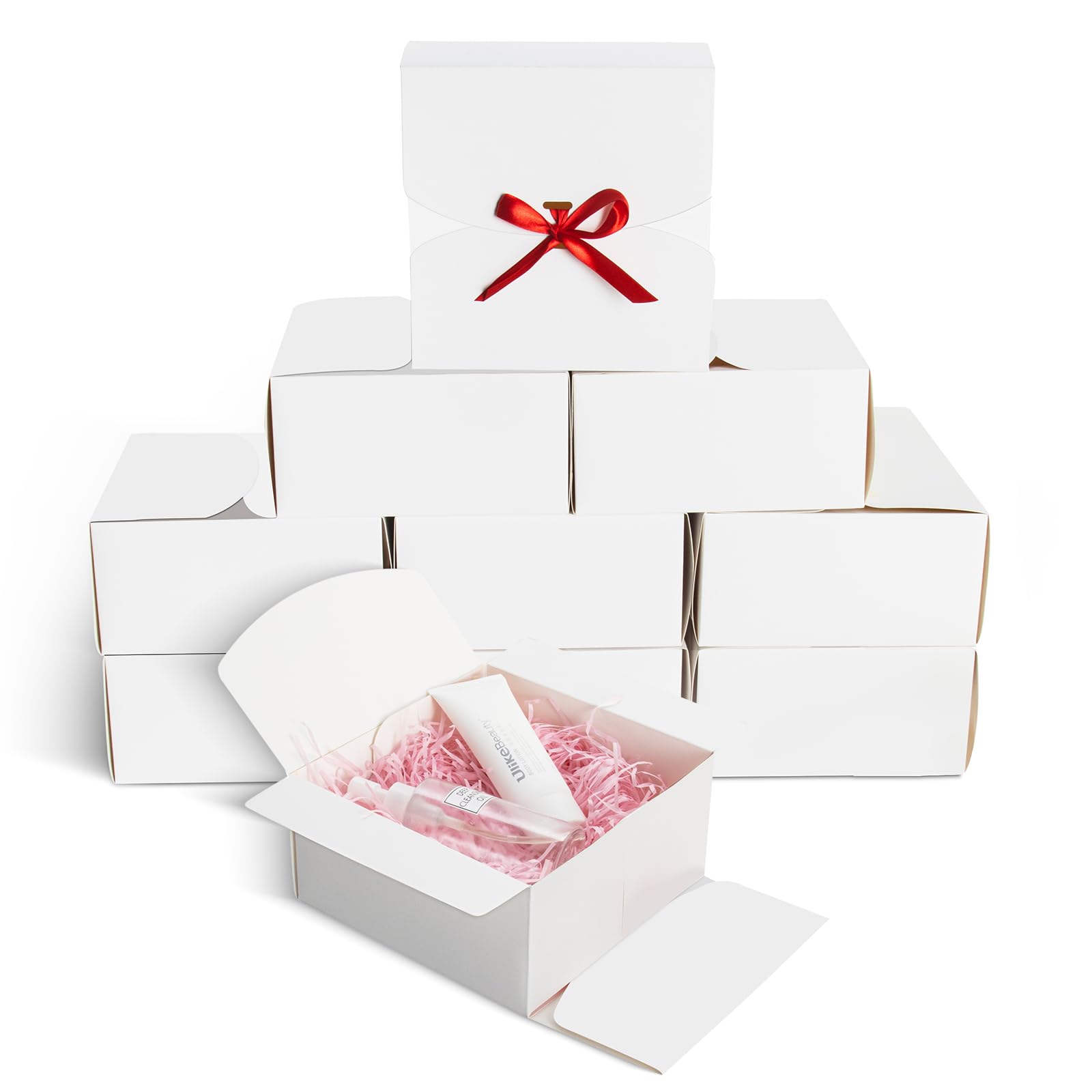 20x20x10cm 10 Pcs White Gift Boxes with Lids for Presents Small Cardboard Kraft Paper Gift Boxes with Ribbon - Perfect for Wedding, Birthday, Party, Cake Packaging