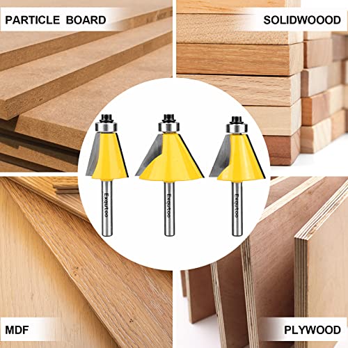 Image of Exqutoo 3-Piece 1 /4 inch ShankChamfer Cutter Set, Cutting Angles: 15 22.5 | 30 Degrees, 1 inch Cutting Length Includes 3 Pack.