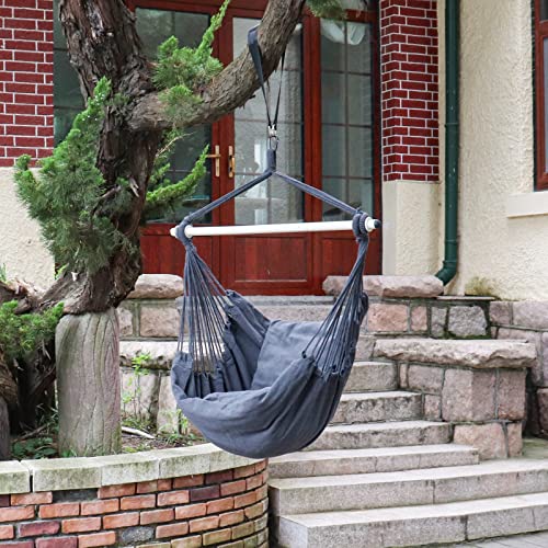 Image of Highwild Hammock Chair Hanging Rope Swing - Max 500 Lbs - 2 Cushions Included - Steel Spreader Bar with Anti-Slip Rings - for Any Indoor or Outdoor Spaces (Grey)