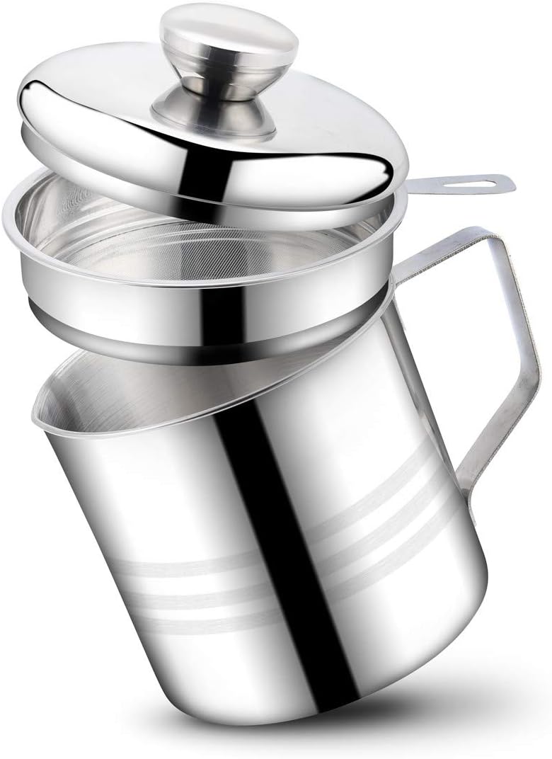 Stainless Steel Bacon Grease Container with Mesh Strainer Screen,1.2L/5 Cups Cooking Oil Keeper Storage Can for Kitchen