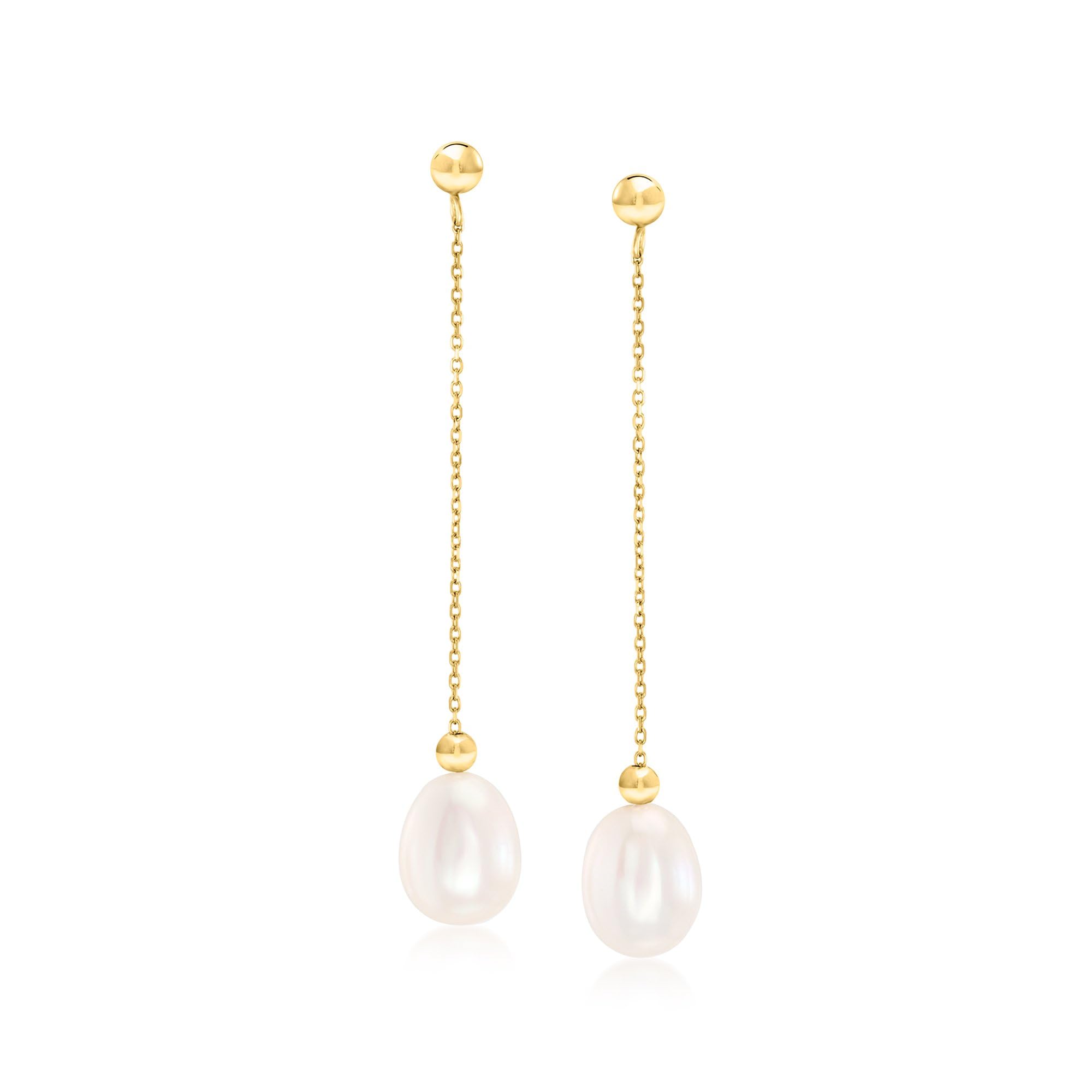 Ross-Simons 8-8 5mm Cultured Pearl Bead and Chain Drop Earrings in 14kt Yellow Gold