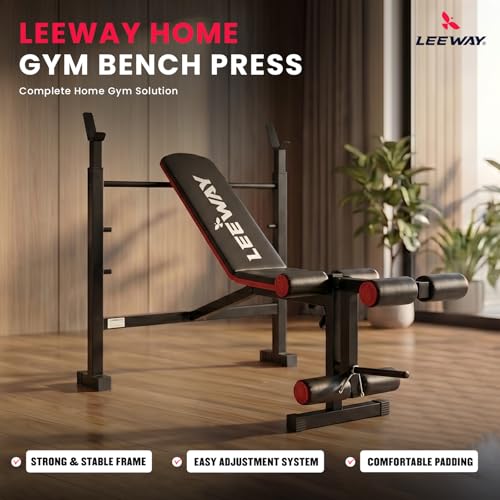 Image of Leeway LF100 Bench Press for Home Gym Setup | Adjustable Gym Bench for Home with Barbell Rack, Incline Decline Flat, Leg Curl Extension, 180 Kg Capacity Table (Black, Bench LF100, 1)