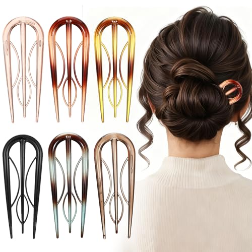 LIQWEI 6 Pcs French Hair Pins for Women, U-Shaped Hair Fork Vintage Large Hair Styling Pins Internal Teeth Hair Sticks for All Hair Types (6 colors)