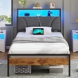 Brinlawb Cadre de Lit 90x200 avec sommier Métal, Lit 1 Personne avec lumières LED, Multiprise (2 Prises CA, 2 Ports USB) lit 90x200cm en métal avec Rangement, Facile à Assembler Marron Vintage+Gris