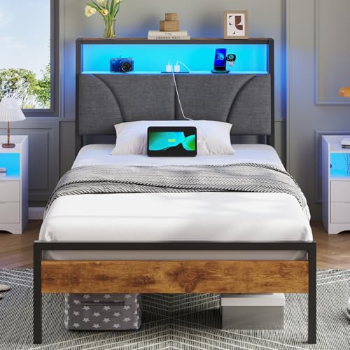 Brinlawb Cadre de Lit 90x200 avec sommier Métal, Lit 1 Personne avec lumières LED, Multiprise (2 Prises CA, 2 Ports USB) lit 90x200cm en métal avec...