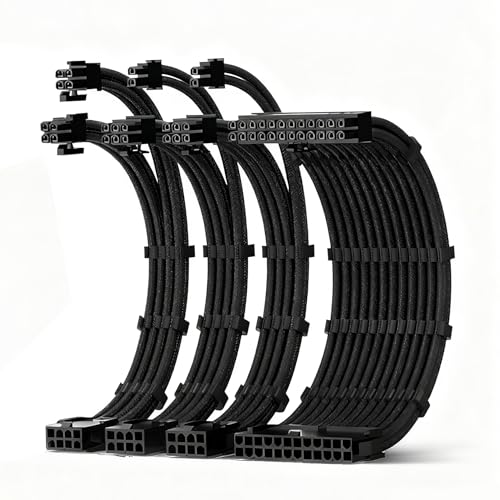 JEYI 18AWG PSU Extension Cable Kit, PVC Fabric Texture, 1x24Pin ATX / 1x8Pin(4+4) CPU / 2x8Pin(6+2) GPU Cable Extension, 30cm with Combs, Black