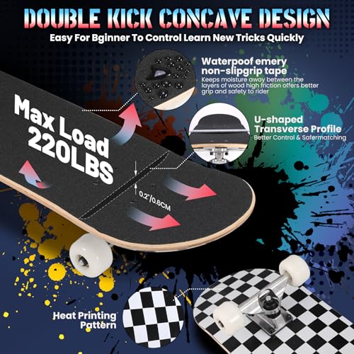 Image of Pro Complete Skateboards for Beginners Girls Boys Kids Youths Teens Adults 31 inchx8 inch Skate Boards 7 Layers Canadian Maple Double Kick Deck Concave Longboard