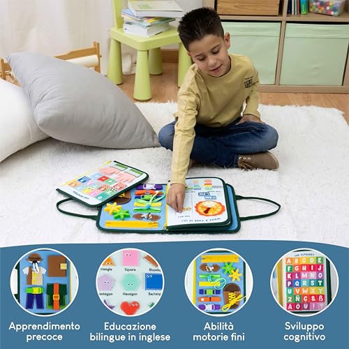 Bonnyco Montessori Busy Board Feltro Valigetta Giochi Montessori Didattici, Pannello Sensoriale Bambini Board | Giochi Bambini 1 2 3 4 5 6 Anni, Regalo Bambino Bambina Bimbo Book Compleanno Natale - 6