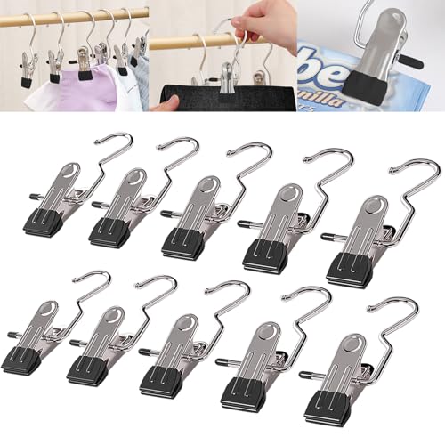 honggang 10PC Space-Saving Modern Metallic Stainless Steel Clothespin Hangers with Hook, Silver Or Gray