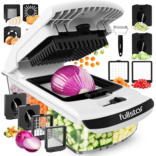 Fullstar Vegetable Chopper & Cutter - Slicer Dicer Spiralizer with Container for Food Veg Onion Cucumber Tomato Salad Potato French Fry - Kitchen Gadgets & Accessories (PRO 9-in-1, White)