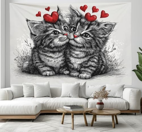 Tapisserie murale chat cœur rouge pour decorer un dortoir cocooning de 230 x 180 cm