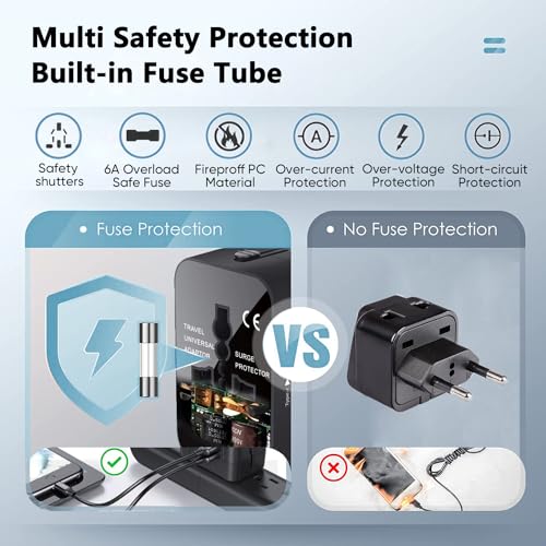 Travel Adapter, Worldwide All in One Universal Travel Adaptor AC Power Plug Adapter Wall Charger with USB-C and USB-A Charging Ports for USA EU UK AUS Black - Image 5