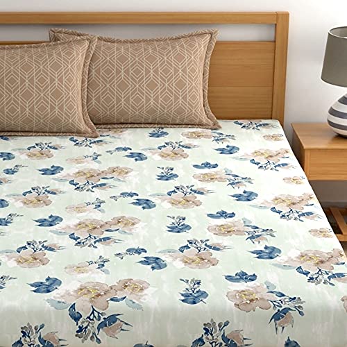 Image of Dreamscape 100% Cotton Bedsheet for King Bed, 186 TC, 1 Bed Sheet (Size 87 x 108 inches) with 2 Pillow Covers - Blue