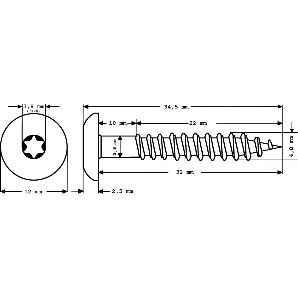 Lot de 100 vis de façade en acier inoxydable V2A, 4,8 x 32 mm, tête plate Torx T20, gris foncé + 1 embout