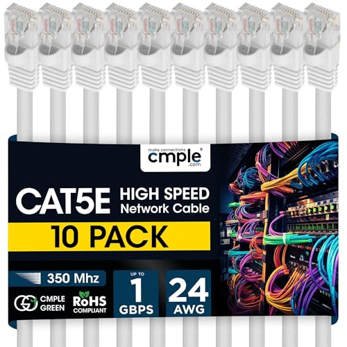 Cmple - 10 Pack Cat5e Ethernet Cable 1.5ft Computer Router Cables with RJ45 Connectors 1Gbps Ethernet Patch Cord 350Mhz LAN Wire - White