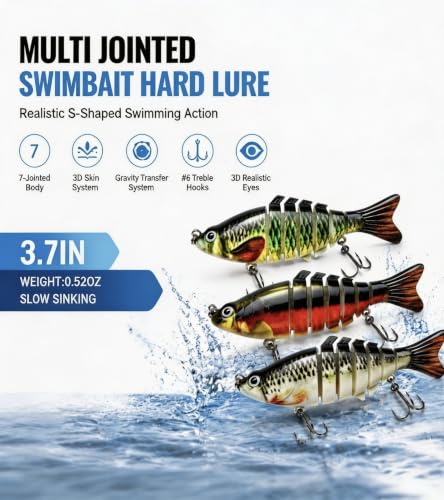 Image of Multi Jointed Swimbait Hard Lure, 3.7in Slow Sinking Fishing Lures with Realistic S-Shaped Swimming Action, Built-in Gravity Transfer System & #6 Treble Hooks for Bass, Trout, Pike, Topwater Lure