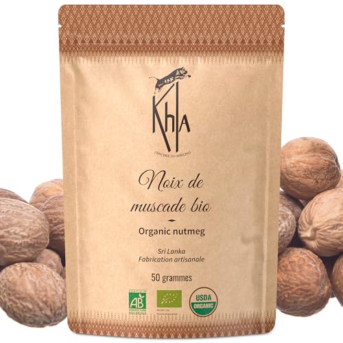 Khla - Noix de Muscade Entières Bio 50 g - Noix Muscade du Sri Lanka - Ingrédient Cuisine & Pâtisserie - Épice d’Asie Rare - Direct producteur - Épice Noël,...