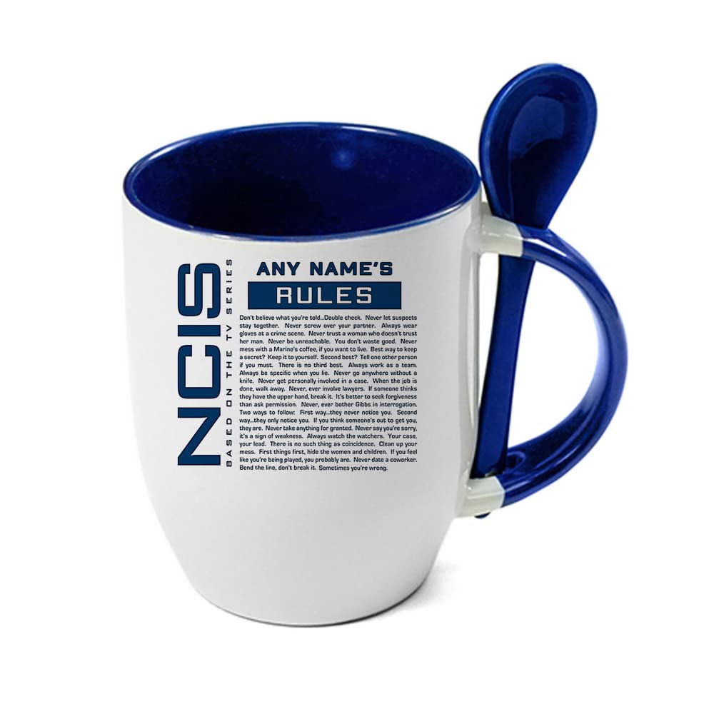 Giftme Personalised NCIS ''Gibbs' Rules Custom Name Birthday, Christmas Coffee Tea Mug Unique Spoon Ceramic Mug. (Blue Spoon)