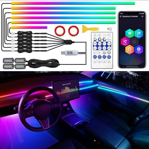 Tesla Model 3/Y Dreamcolor Acrylic Interior Car LED Strip Light With USB Hub, 55.1 Inches Fiber Optic Tesla Ambient Lighting Kits, RGB+IC Colors Sound Active Function Neon LED Strip For 2021 2022