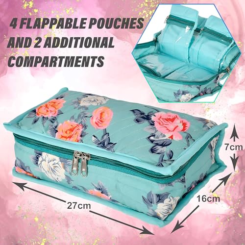 Image of Kuber Industries Flower Printed Portable Cotton Jewellery Organizer /Case /Bag With 6 Transparent Pockets (Green)