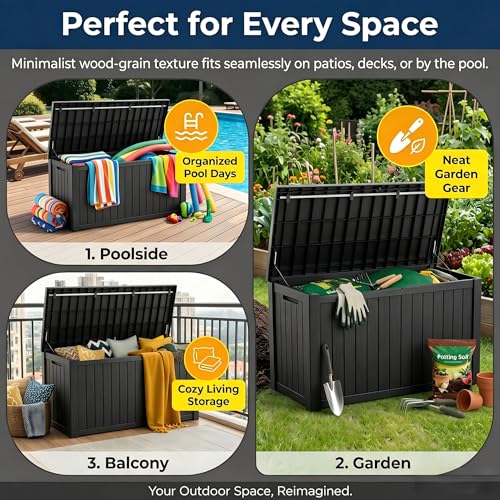 Image of 151 Gallon Resin Deck Box with Lockable Lid - Heavy-Duty Outdoor Storage for Patio Furniture, Garden Tools, Pool Accessories, BBQ Supplies - All-Weather Wood Grain Design