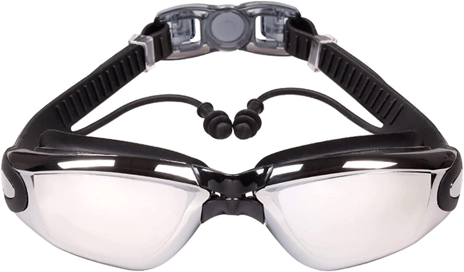 Gafas de natación conectadas a Tapones for los oídos, Gafas de natación antivaho, Gafas de natación ergonómicas con Anillo de Espejo de Silicona, for Kayak y Otros Deportes acuáticos(Black)