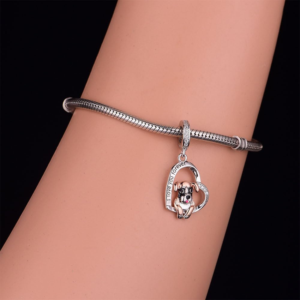 Boxer Dangle Charm Fit Women Bracelet Necklaces 925 Sterling Silver Dog Heart Charms DIY Jewelry Fashion Gifts for Friends/Souvenir/Dog Lovers